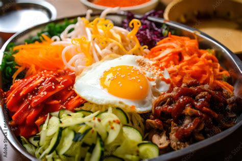  Bibimbap: Một bữa tiệc hương vị sôi động của rau củ tươi mát và thịt nướng đậm đà!